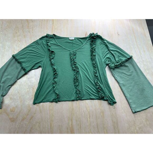 Pol Shirt Green Flowy Sleeves Hippy Boho Small Ruffles - Picture 1 of 6